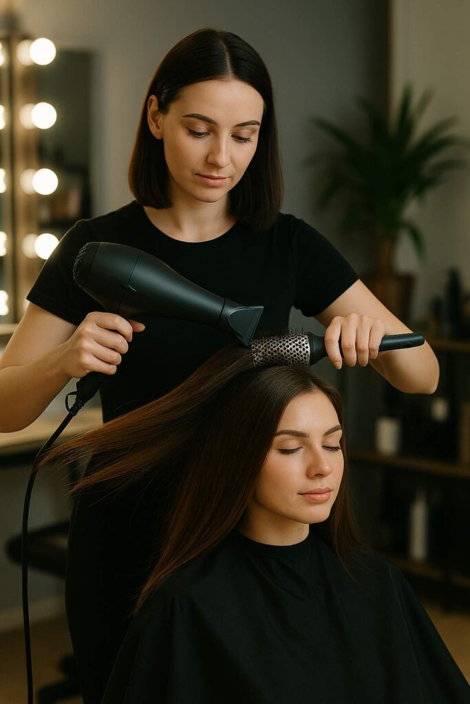 Female hairstylist blow-drying client’s long hair with a round brush in a dimly lit salon.