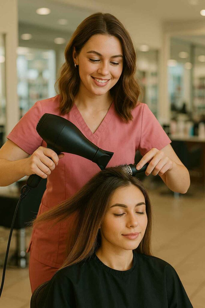 Hairstylist in pink uniform blow-drying client’s hair in a bright beauty salon.