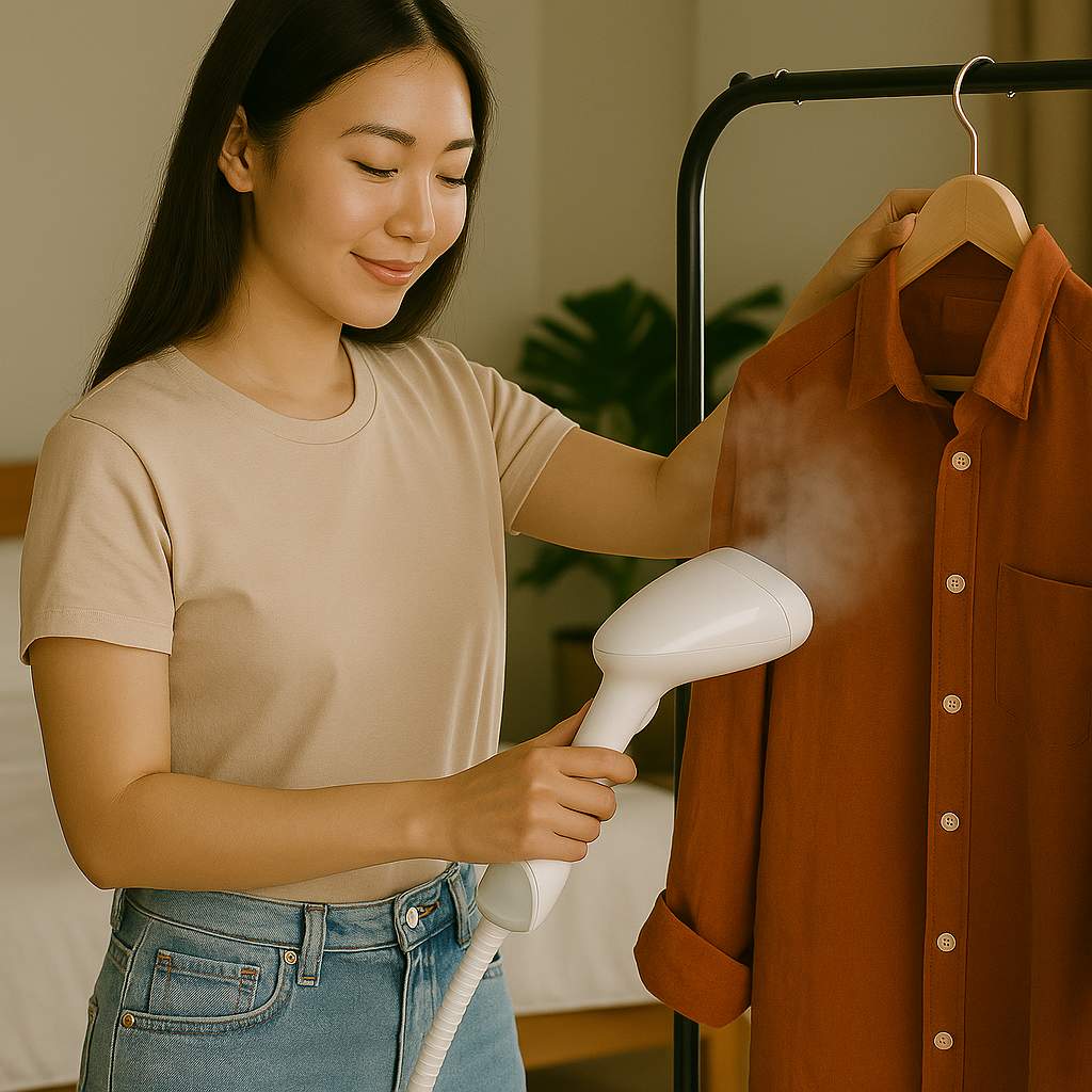 Young East Asian woman using a garment steamer to remove wrinkles from clothes at home.