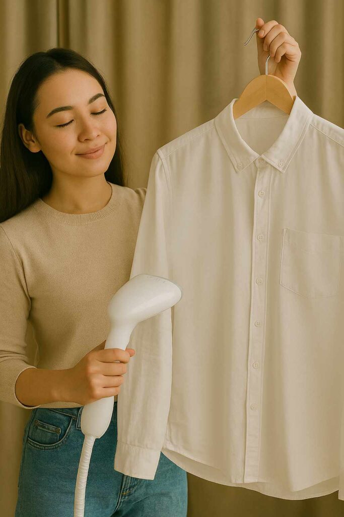 Caucasian woman steaming a white dress shirt with a vertical garment steamer in a modern room.