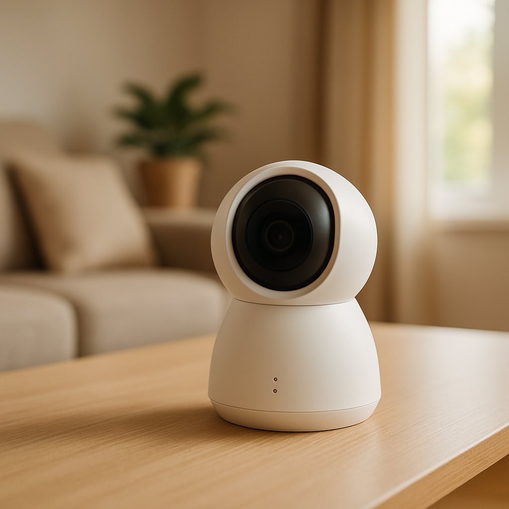 Modern white indoor security camera on a wall in a home setting