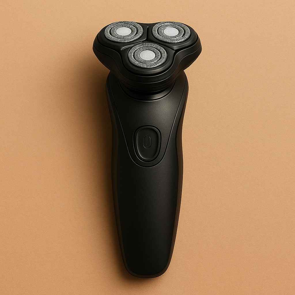 Close-up of a sleek electric shaver with triple rotary blades on a neutral background.