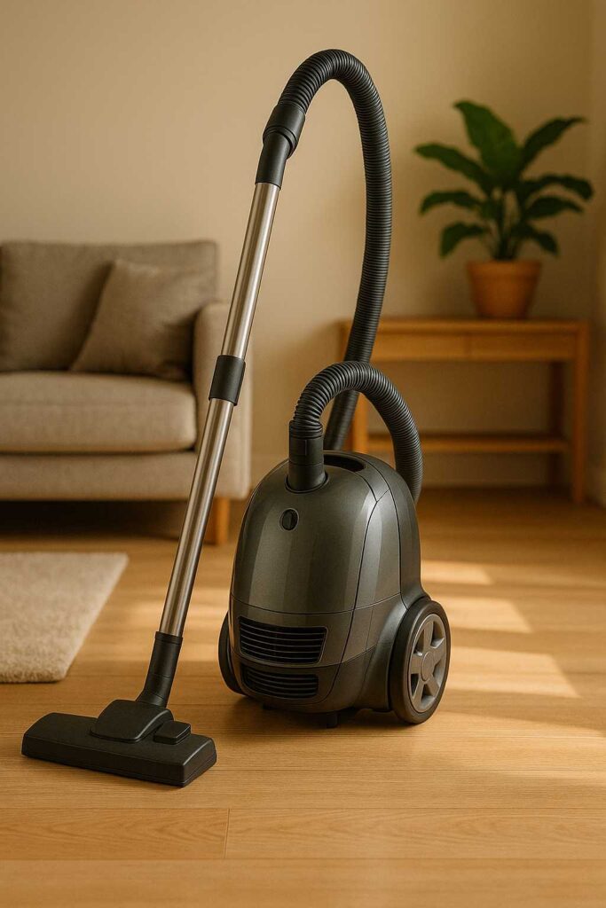 Modern black canister vacuum cleaner on wooden floor in cozy living room with sofa and potted plant in background