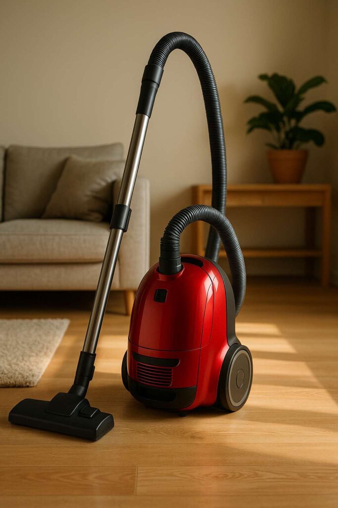 Stylish red vacuum cleaner in cozy home interior with wooden flooring and neutral-toned furniture