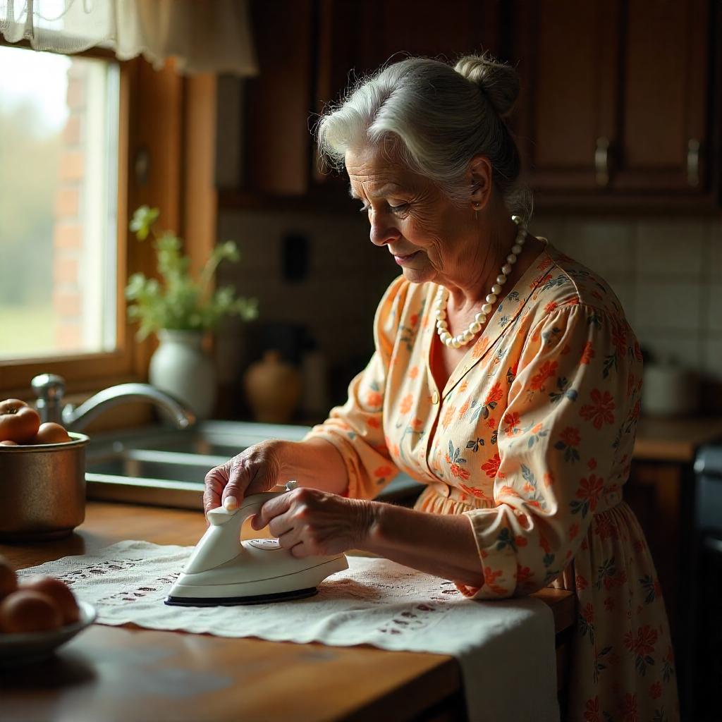 Elderly woman using a steam iron on a tablecloth in a rustic kitchen