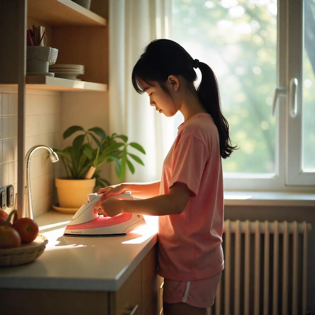 Young girl using a steam iron on a kitchen counter in natural morning light