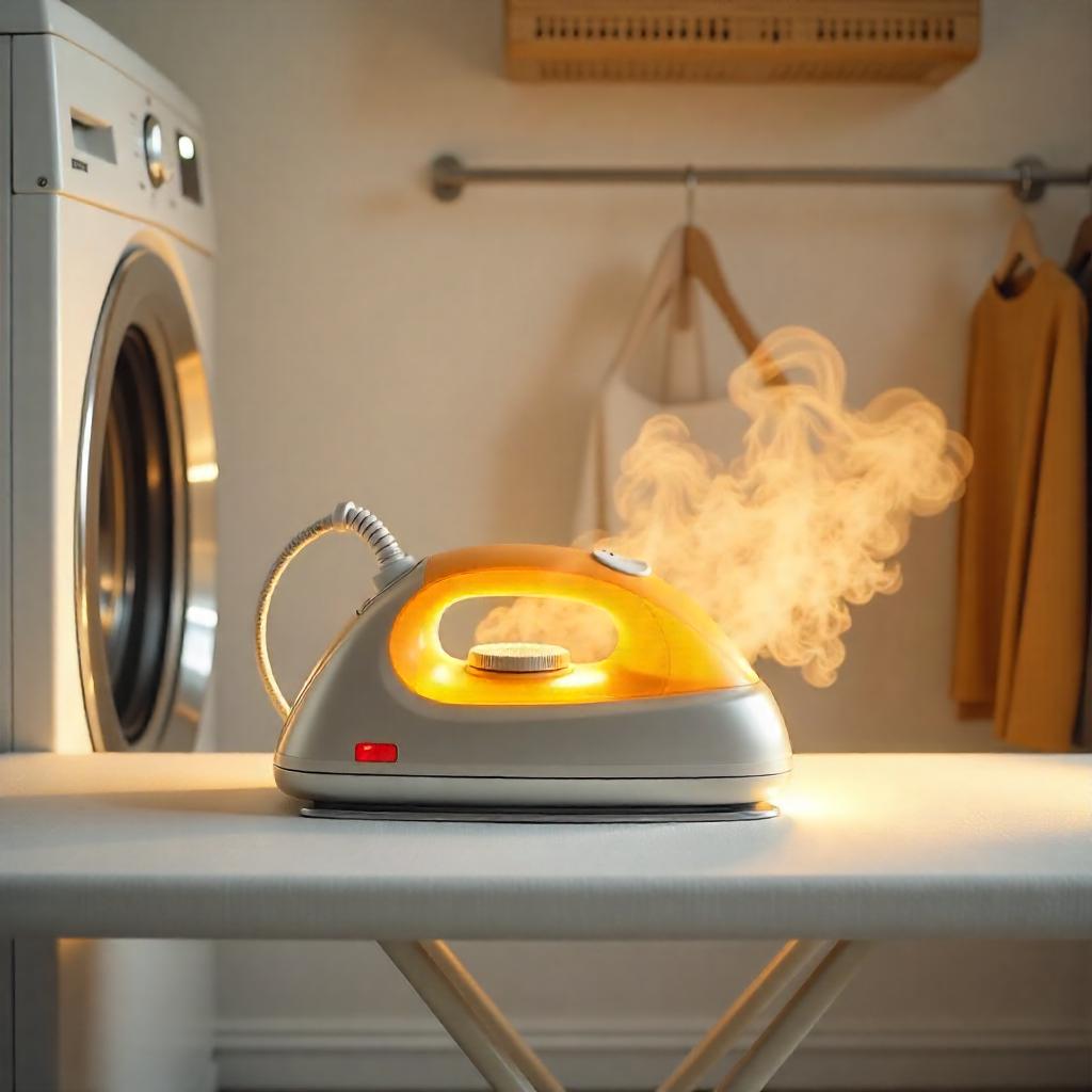 Modern steam iron emitting vapor on an ironing board in a laundry room