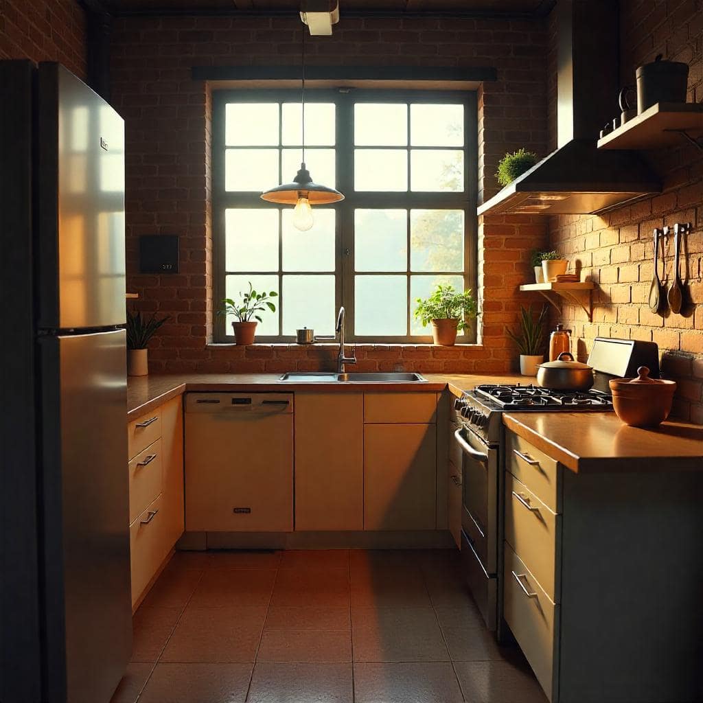 Modern rustic kitchen with warm lighting and stainless steel appliances.