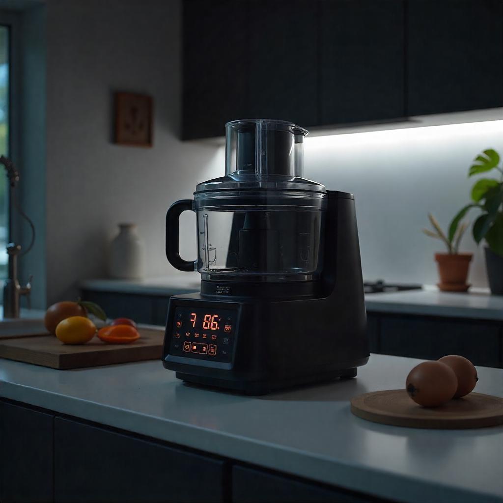 A modern digital food processor with an LED display on a kitchen counter, surrounded by fruits and soft ambient lighting.