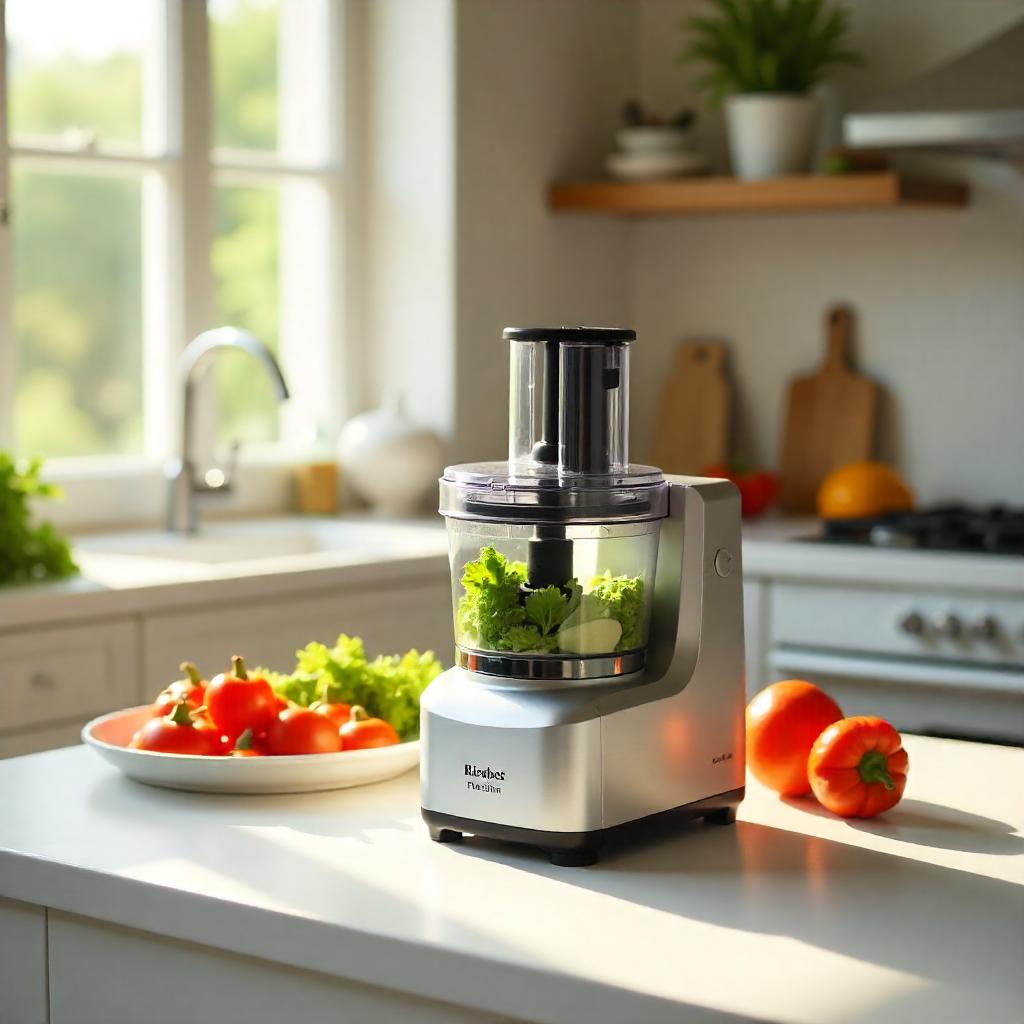 A silver food processor filled with leafy greens on a white kitchen counter, surrounded by fresh tomatoes and natural sunlight.