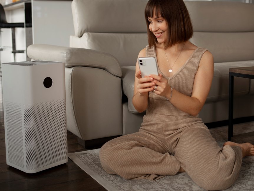 Smiling woman using smartphone next to a smart air purifier in her living room.