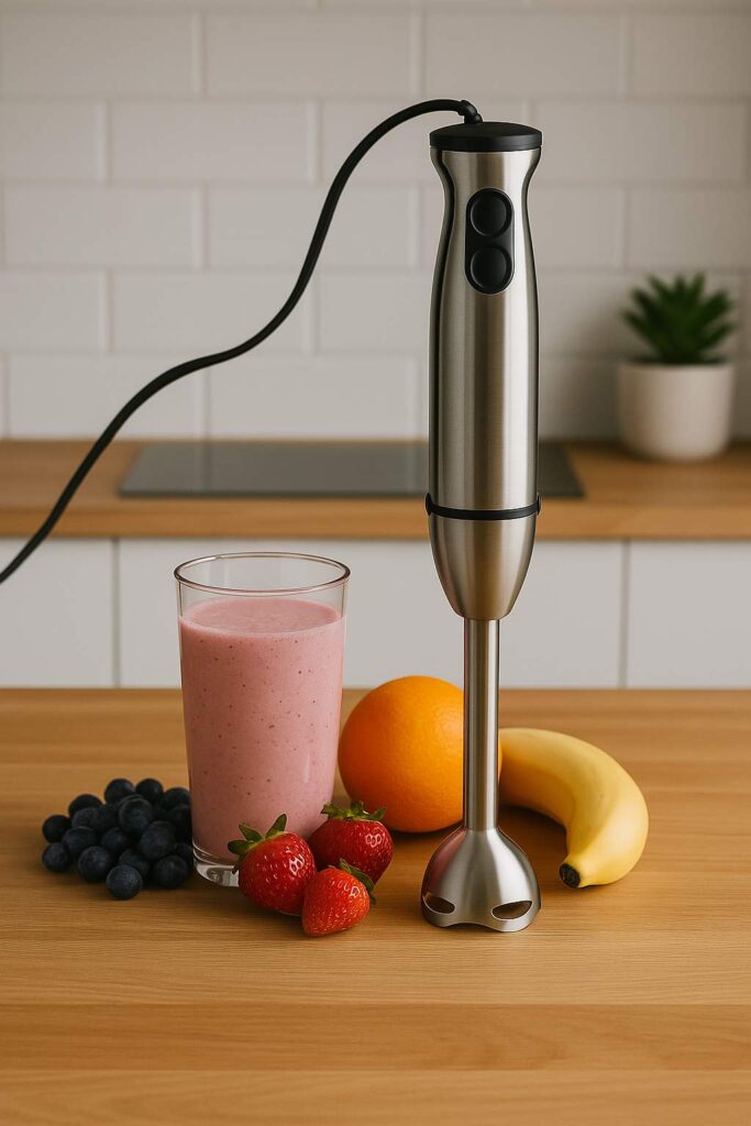 Stainless steel hand blender with a glass of pink smoothie and fresh fruits including strawberries, blueberries, banana, and orange on a wooden kitchen counter.