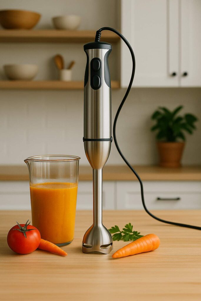 Stainless steel hand blender beside a beaker of carrot-tomato juice with fresh carrots, a tomato, and parsley on a kitchen counter.