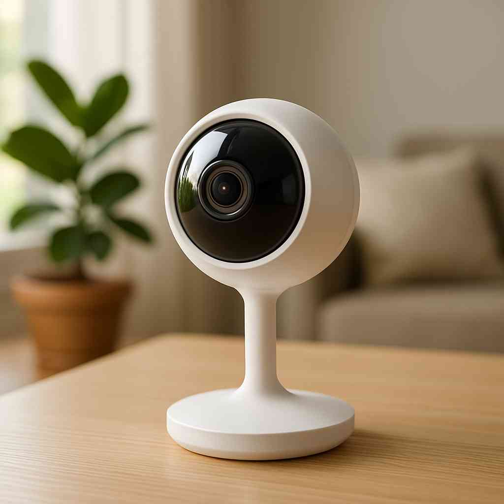 White indoor security camera mounted on a ceiling in a modern home interior
