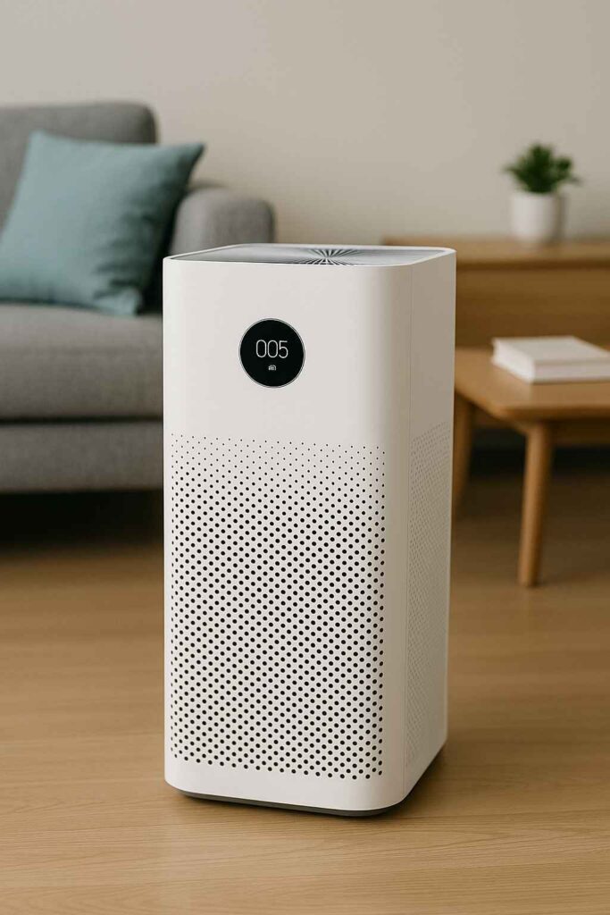 Modern white air purifier with digital display placed in a stylish living room.