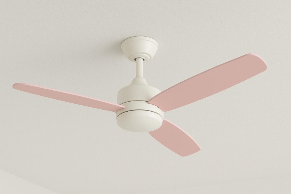 Modern ceiling fan with pink blades and white body, designed for stylish home interiors and energy efficiency.