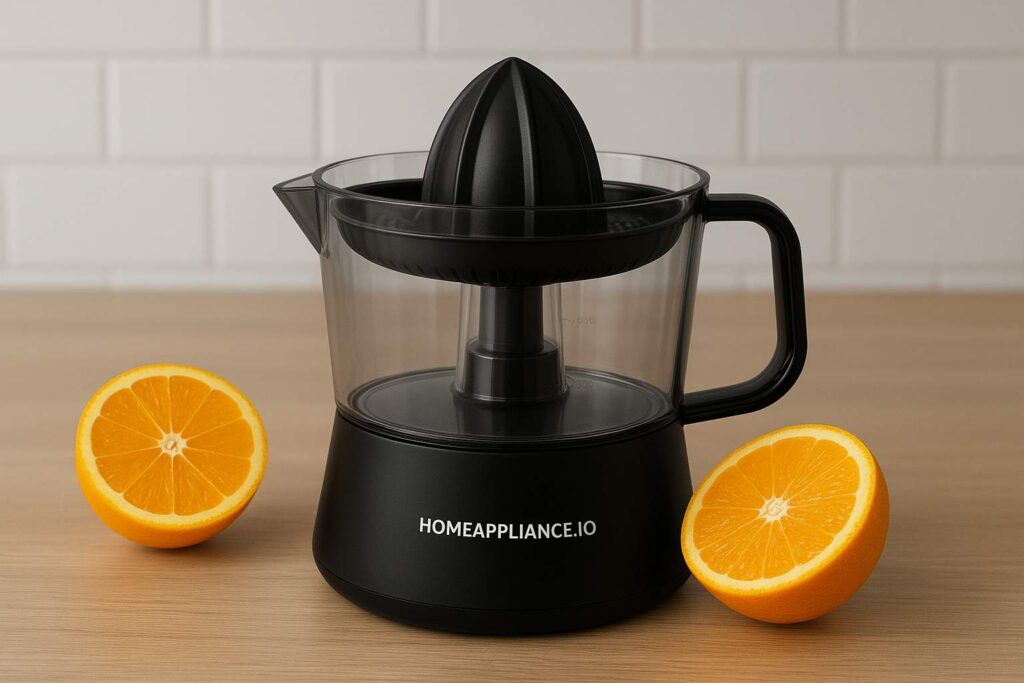 Black electric orange juicer with transparent container, displayed with fresh oranges for healthy juice making.
