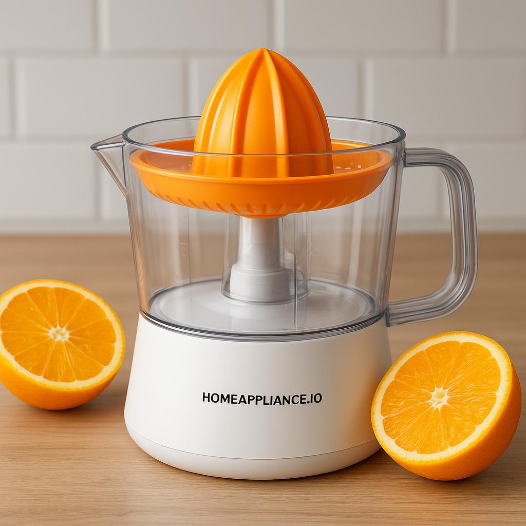 White electric orange juicer with transparent container, shown with fresh oranges for healthy juice making.