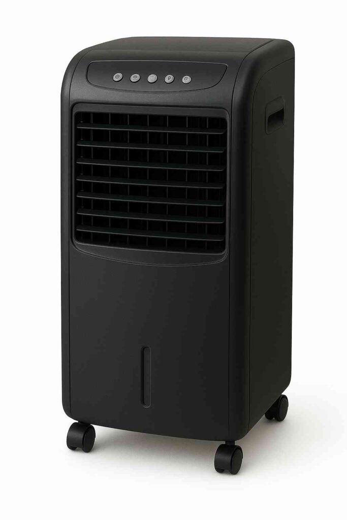Portable black air cooler with modern design and adjustable louvers on wheels