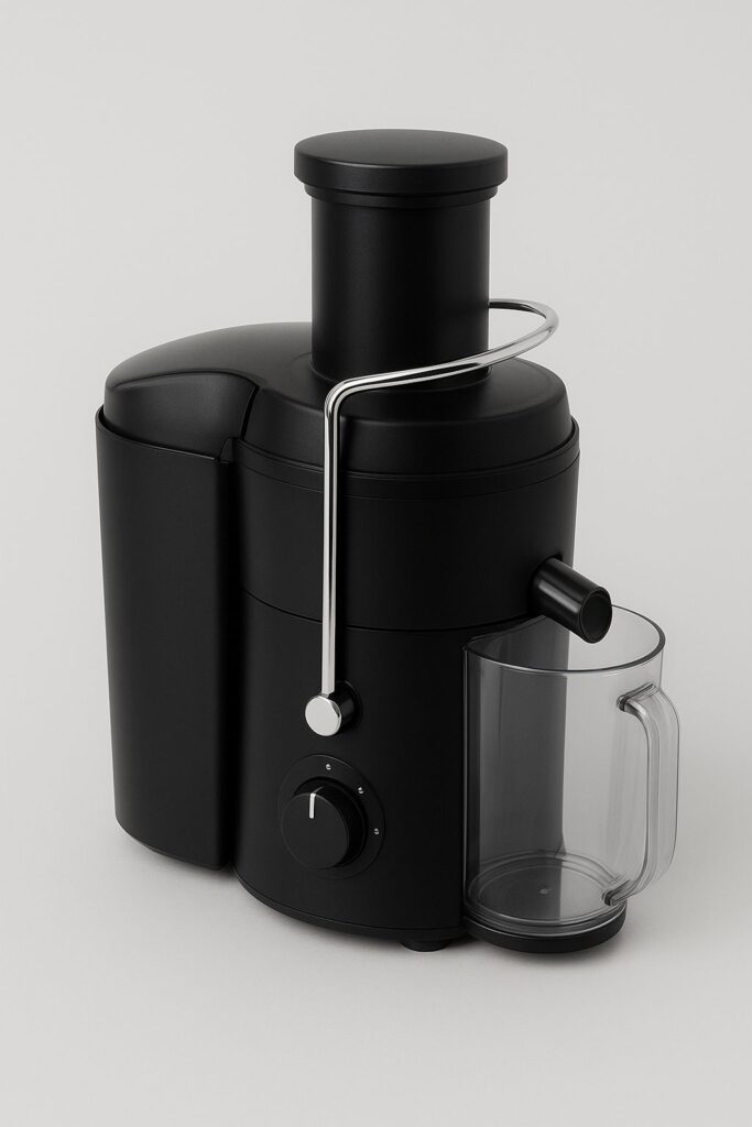 Black apple juicer with modern stainless design, shown on kitchen counter making fresh apple juice.