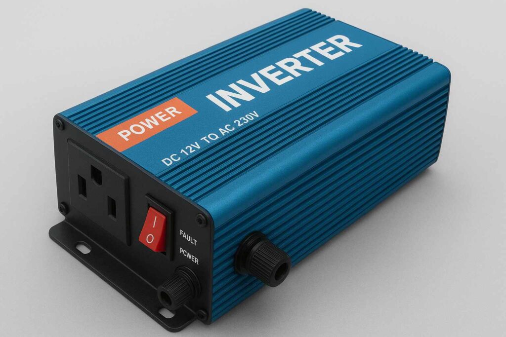 Blue power inverter for home use, converts DC 12V to AC 230V with socket and switch.
