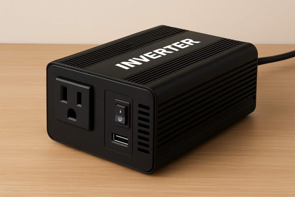 Black compact inverter for home, converts DC 12V to AC 230V, reliable power backup device.