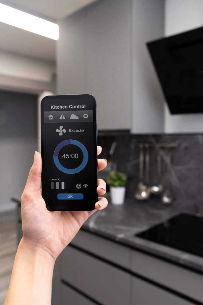 Person controlling AI-powered home security system through smartphone