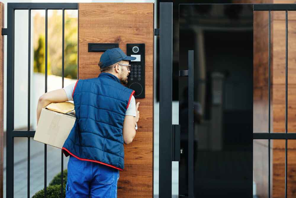 Delivery person using AI-powered smart door intercom system at modern home gate