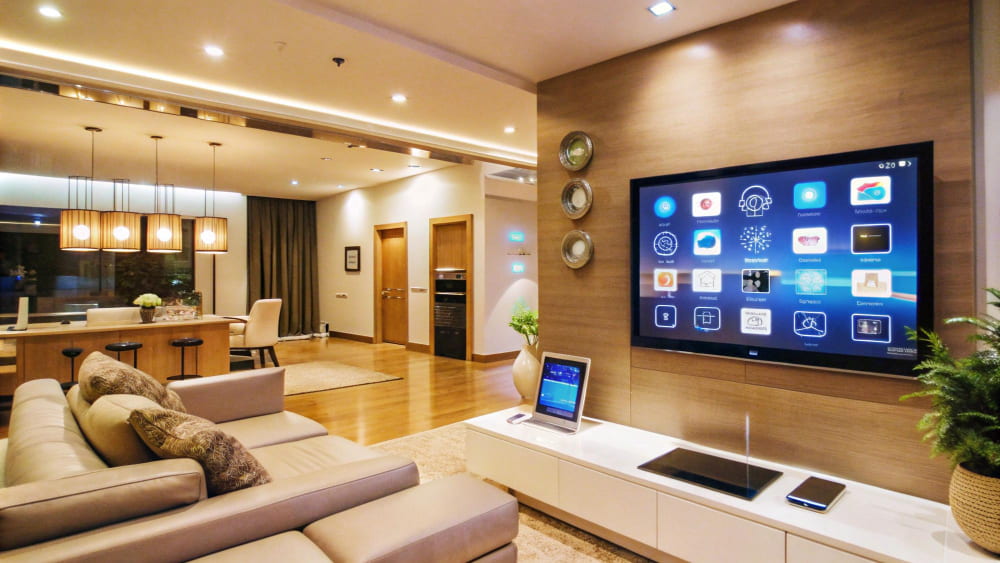 Modern smart home living room with AI-powered home automation system and smart TV interface