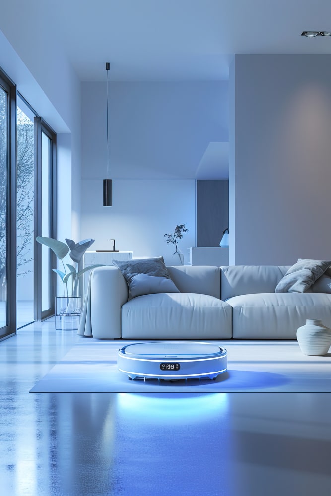 Smart AI robot vacuum cleaning a modern living room with ambient blue lighting